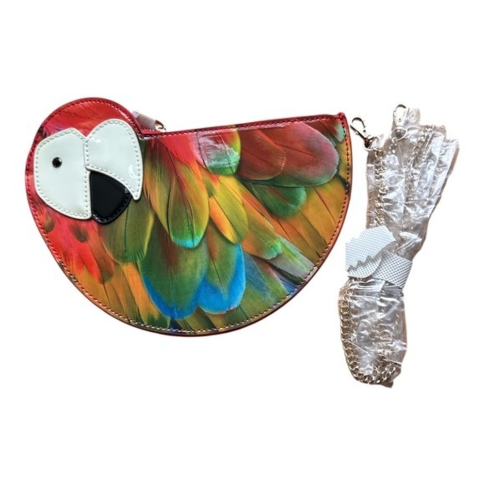 Swarovski Parrot Crossbody Bag Red Patent Feather Print Novelty Chain Strap